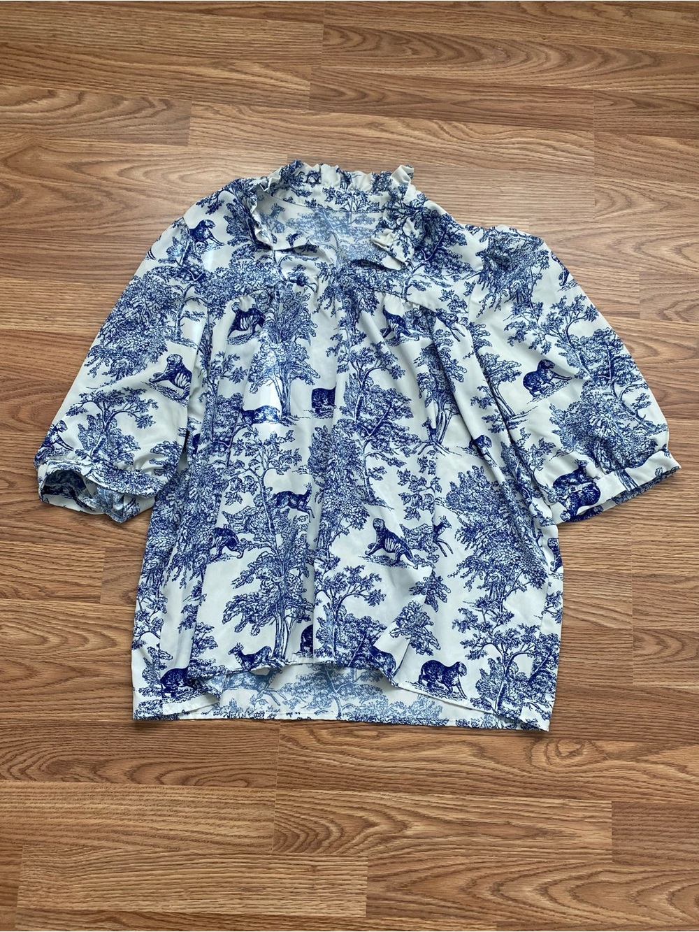 Blue and White Printed Ruffled Neck Blouse - Women